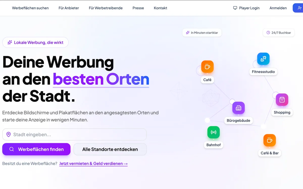 Placely – Plattform für Außenwerbung, Website-Screenshot